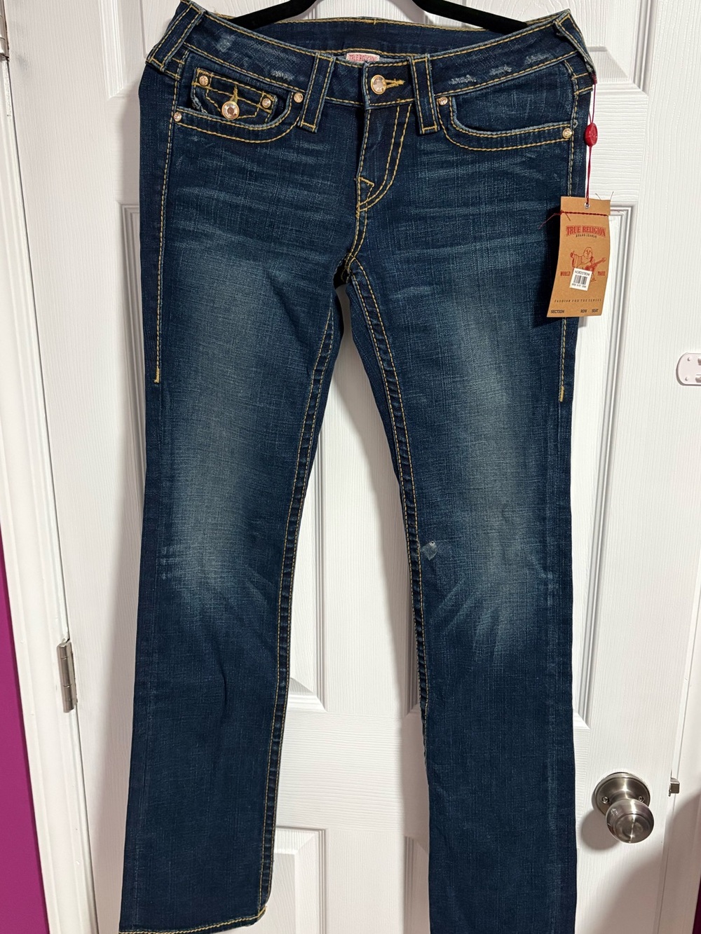 True Religion Vintage Disco Gold Gems Dark Blue Low Rise Straight Leg Jeans, 28